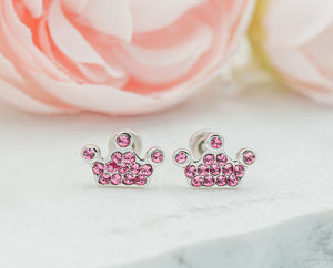 Sterling Silver Pink Princess Tiara Pave Earrings with Screw Backs