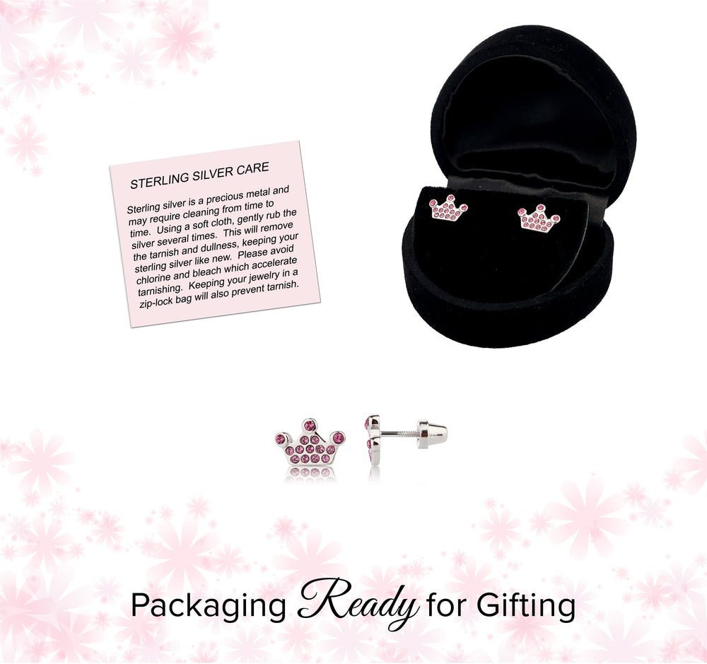 Sterling Silver Pink Princess Tiara Pave Earrings with Screw Backs