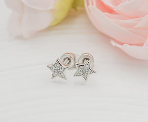 Sterling Silver Kid's Star CZ Screw-Back Earrings