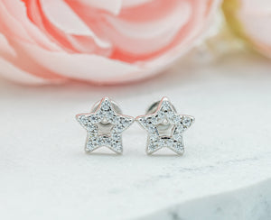 Sterling Silver Kid's Hollow Star CZ Screw-Back Earrings