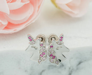 Sterling Silver Kid's Pink Unicorn Earrings