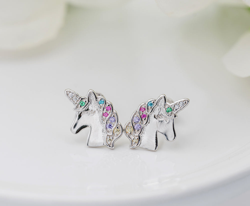 Sterling Silver Kid's Rainbow Unicorn Earrings