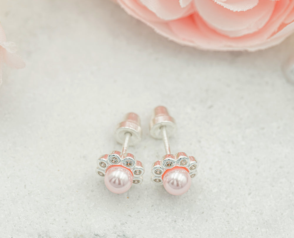 Sterling Silver Child's Pink Pearl Button Earrings