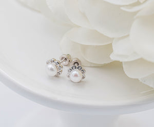 Sterling Silver Kids White Pearl Button Earrings