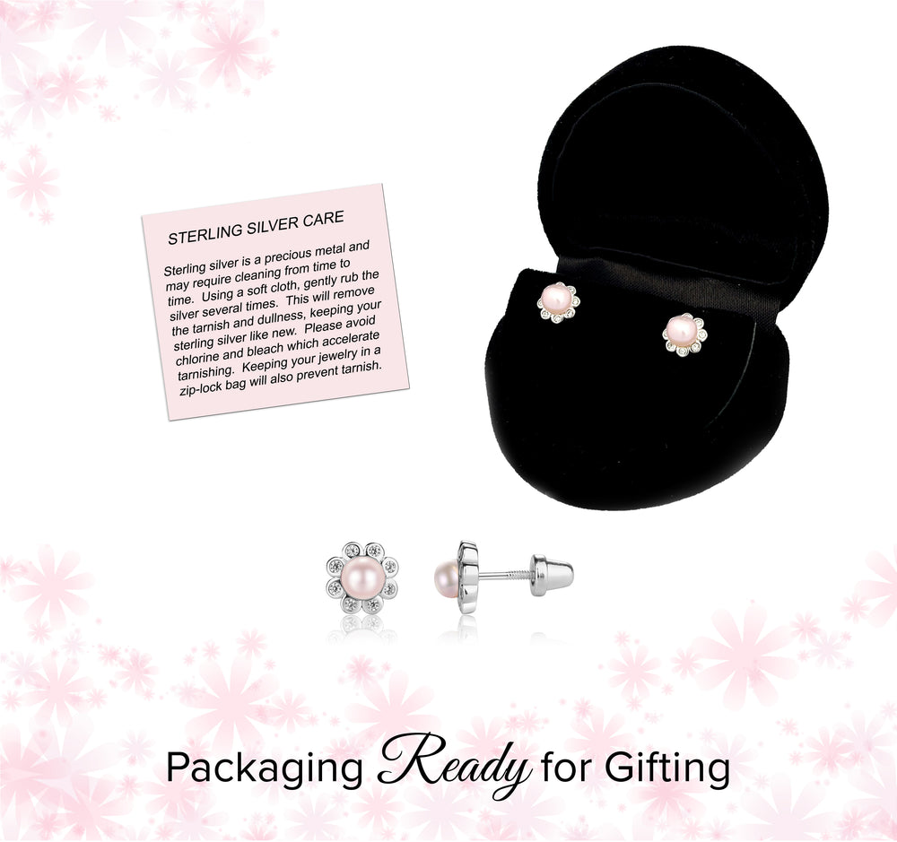 Sterling Silver Child's Pink Pearl Button Earrings