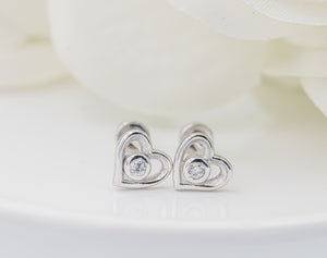 Sterling Silver Kid's Heart Earrings with Clear CZs and Screw Backs