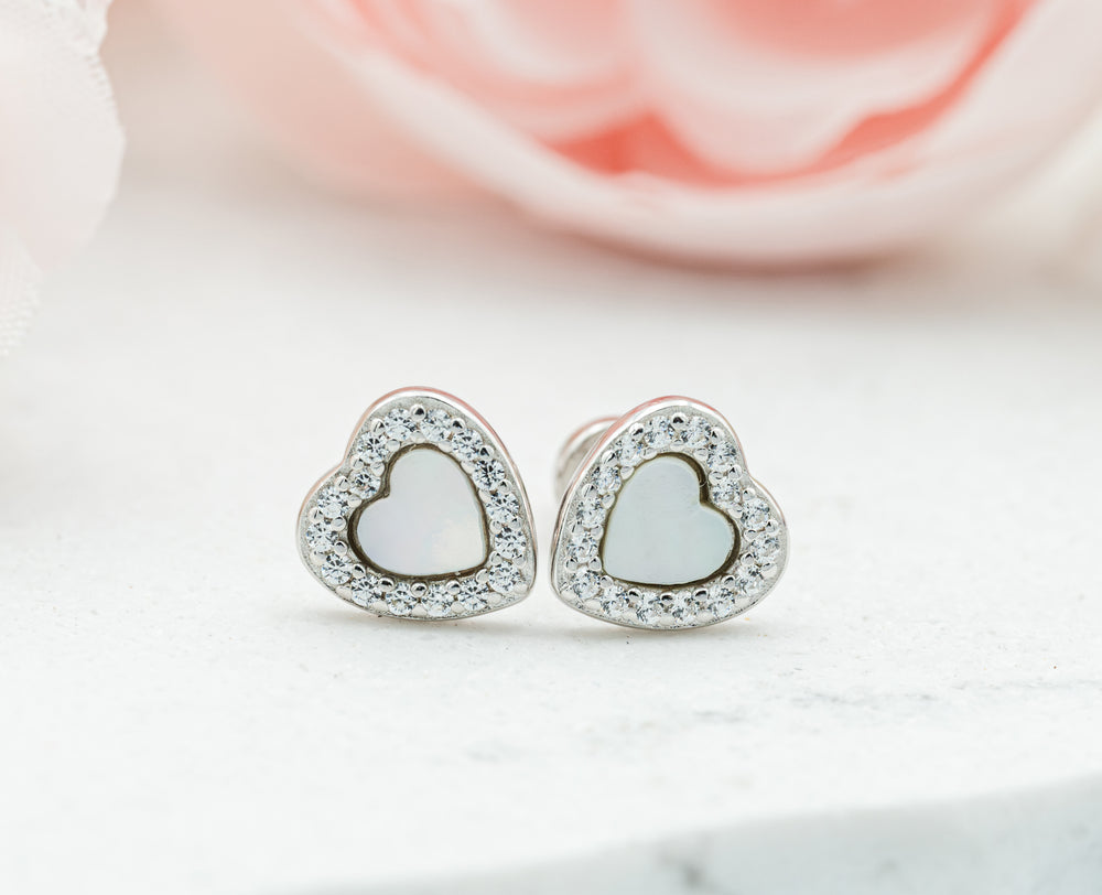 Kids Sterling Silver Mother of Pearl Heart Earrings