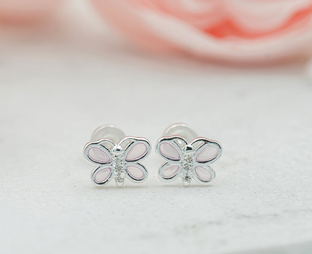 Sterling Silver Kid's Pink Butterfly Earrings with CZs