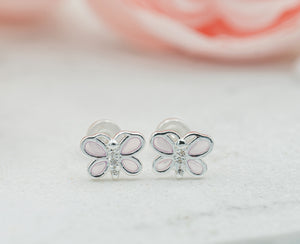 Sterling Silver Kid's Pink Butterfly Earrings with CZs