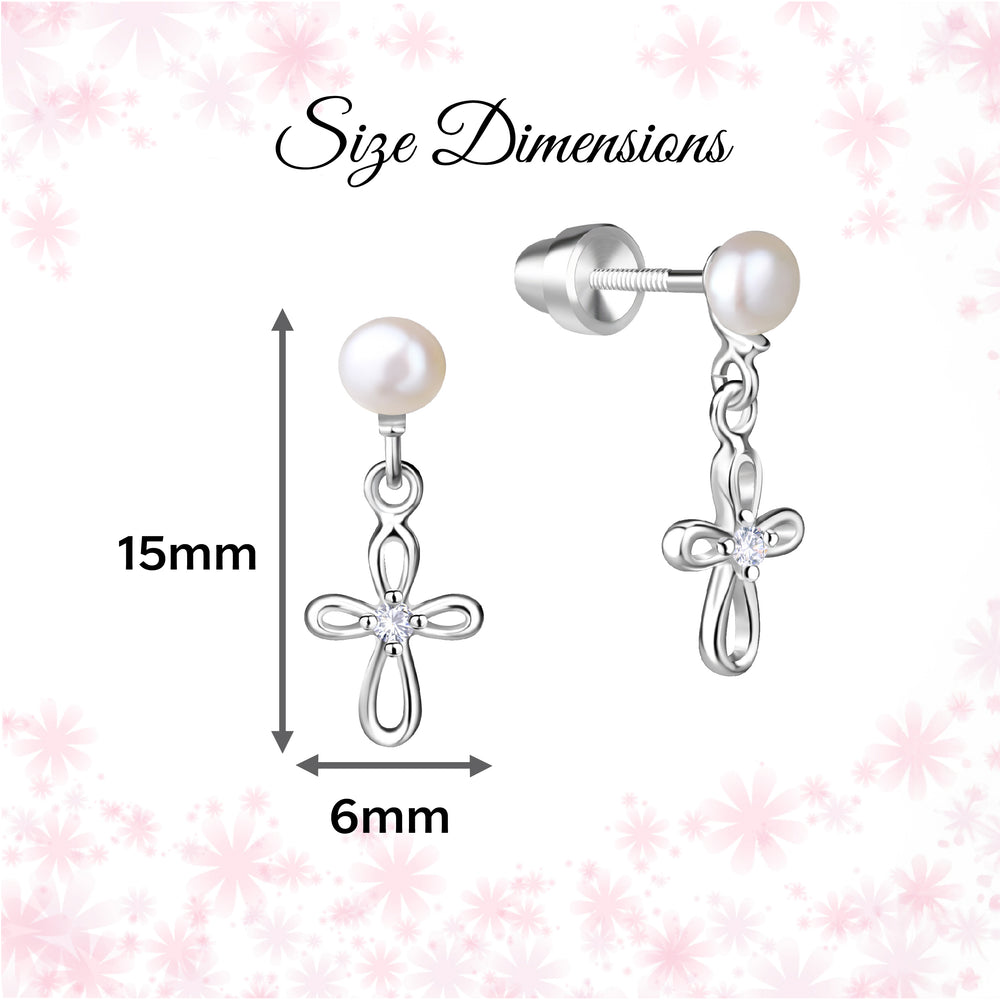 Sterling Silver Pearl w/Cross Earrings for Baptism or First Communion Gift