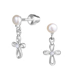 Sterling Silver Pearl w/Cross Earrings for Baptism or First Communion Gift