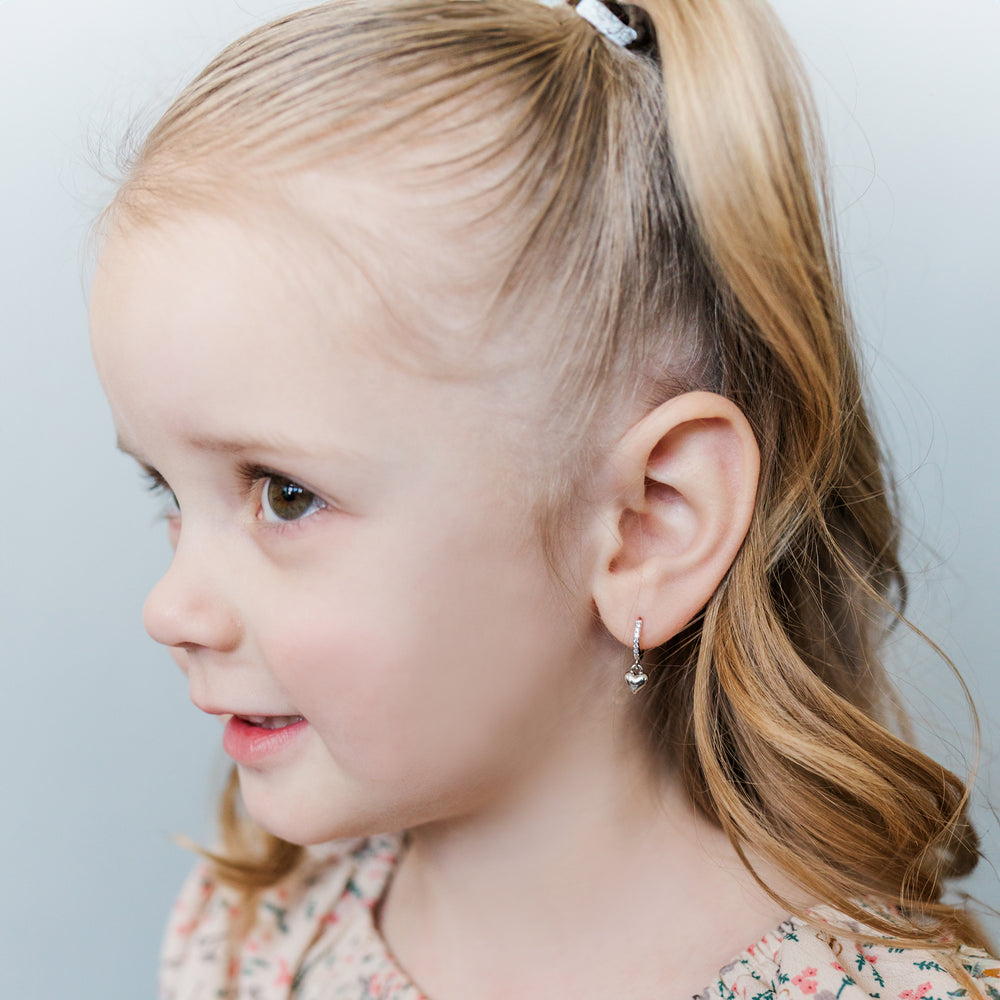 Sterling Silver Huggie Hoop Earrings with Heart for Kids 10mm