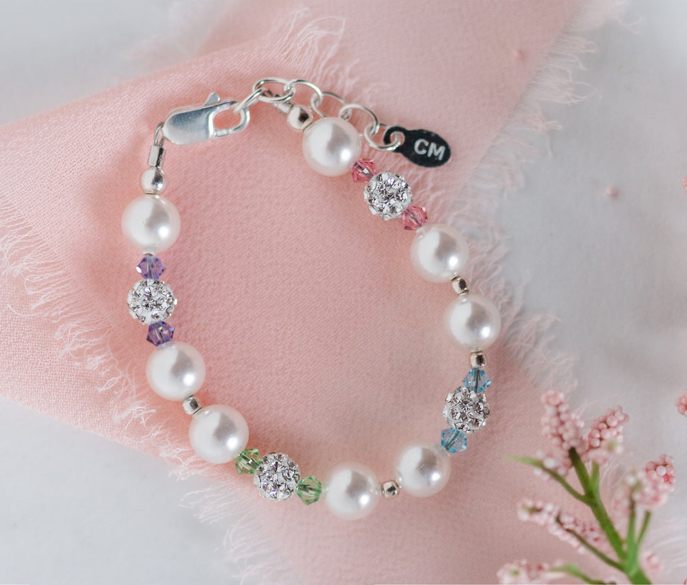 Sage - Sterling Silver  High-End Austrian Simulated  Pearl and Multi-Color Stardust Bracelet for Kids and Little Girls