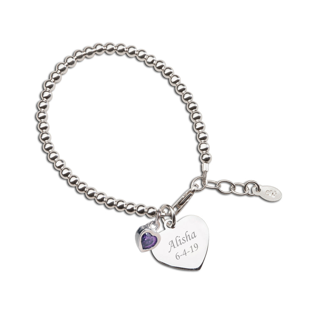 Sterling Silver Birthstone Bracelet with Engraved Heart for Babies and Girls