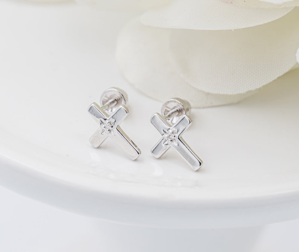 Sterling Silver Children's Cross Diamond Earrings