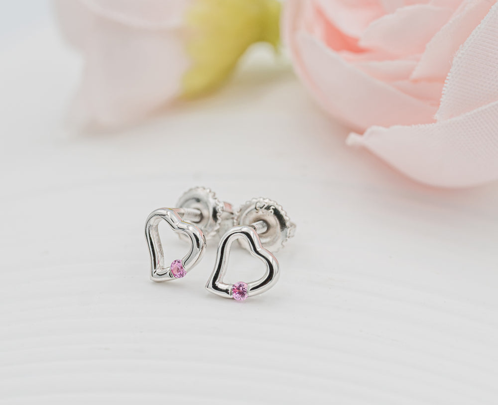 Sterling Silver Open Heart Pink Sapphire Earrings for Baby and Kids