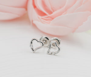 Sterling Silver Girl's Open Heart White Sapphire Earrings for Kids