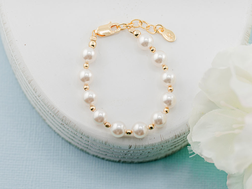 14K Gold Plated Bracelet with Chunky Simulated Pearls for Little Girls