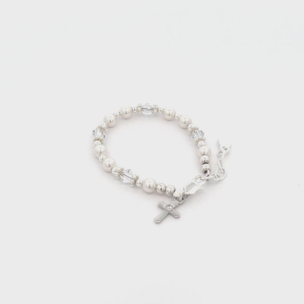 
                
                    Load and play video in Gallery viewer, Sterling Silver Pearl Cross Baptism Bracelet for Baby Girls
                
            