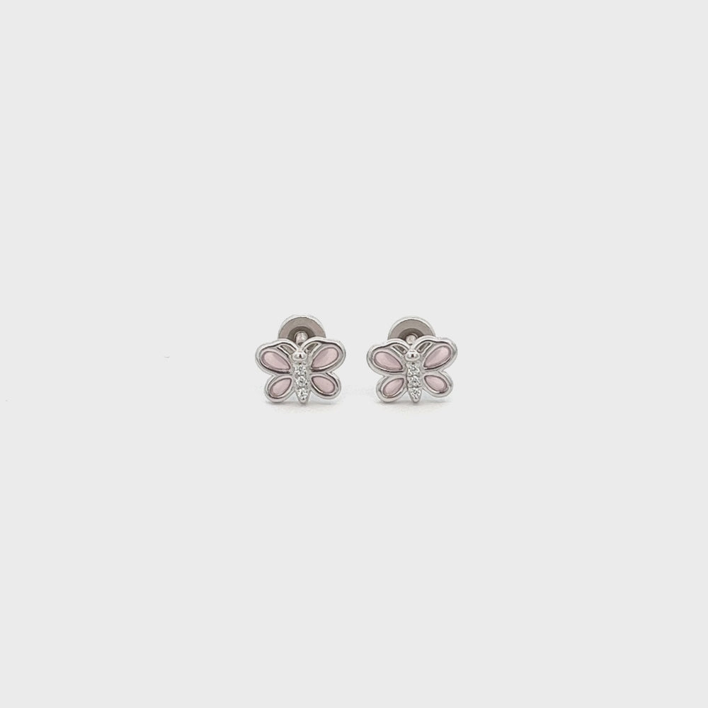 
                
                    Load and play video in Gallery viewer, Sterling Silver Kid&amp;#39;s Pink Butterfly Earrings with CZs
                
            