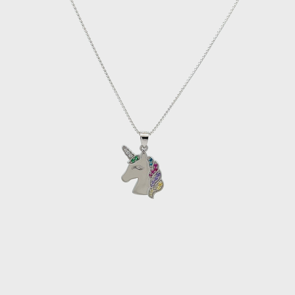 
                
                    Load and play video in Gallery viewer, Sterling Silver Girl&amp;#39;s Rainbow Unicorn Necklace
                
            