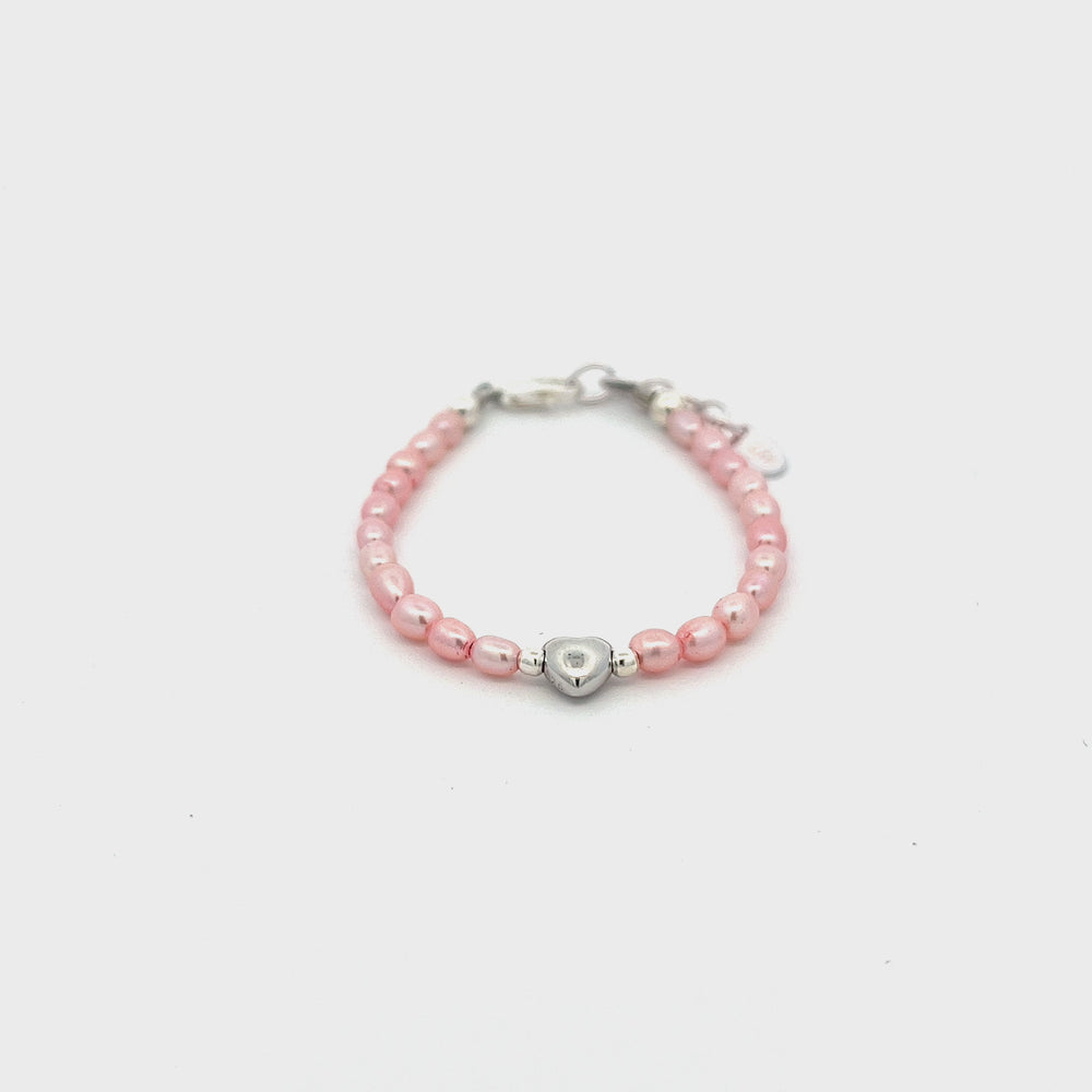 
                
                    Load and play video in Gallery viewer, Sterling Silver Pink Pearl Baby Bracelet for Kids with Heart Bead
                
            