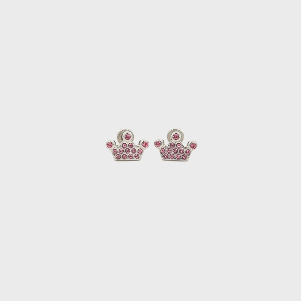 
                
                    Load and play video in Gallery viewer, Sterling Silver Pink Princess Tiara Pave Earrings with Screw Backs
                
            