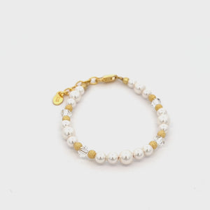 
                
                    Load and play video in Gallery viewer, Maizey-14K Gold-Plated Pearl Baby Bracelet with Simulated Pearls and Stardust Beads for Girls
                
            