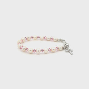 
                
                    Load and play video in Gallery viewer, Sterling Silver Freshwater Pearl Pink Cross Bracelet for Little Girls
                
            