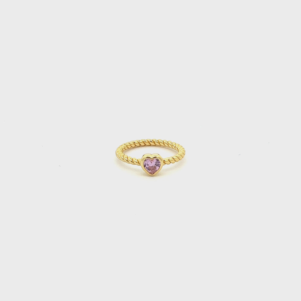 
                
                    Load and play video in Gallery viewer, 14K Gold-Plated Rope Ring with Pink CZ Heart for Girls
                
            