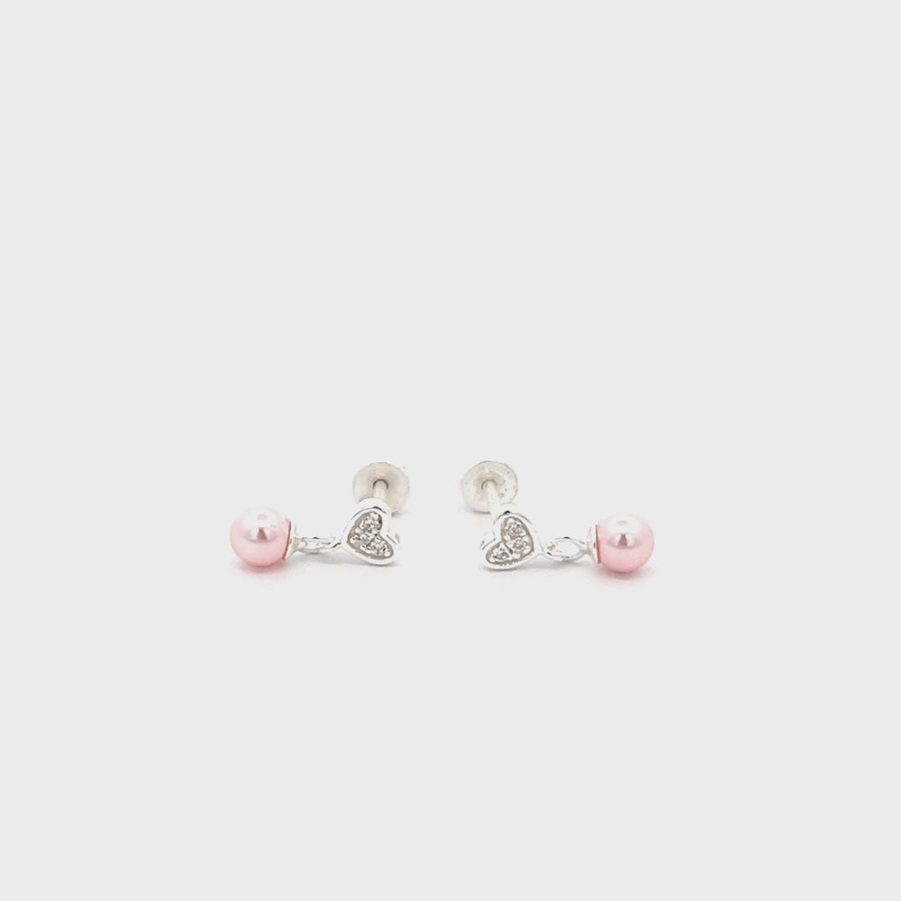 
                
                    Load and play video in Gallery viewer, Sterling Silver Children&amp;#39;s Heart w/Dangling Pink Pearl Earrings
                
            