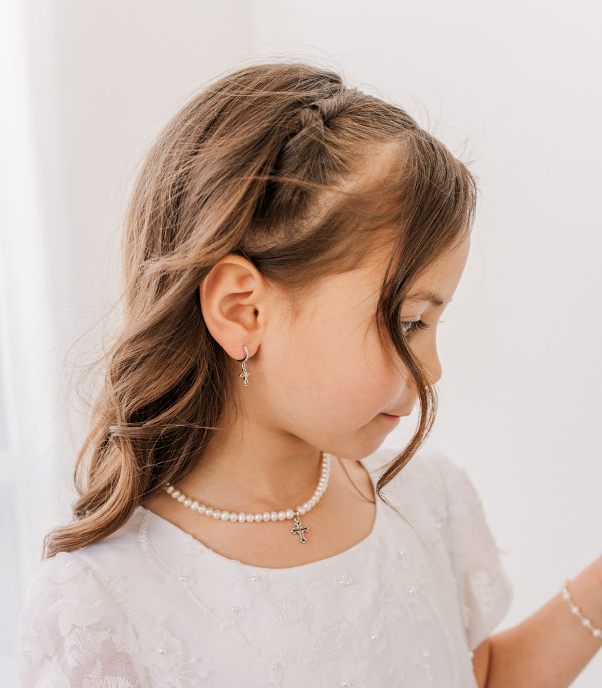 toddler with Sterling Silver Pearl Cross Necklace for Kids