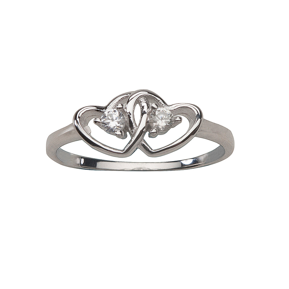 Sterling Silver Baby Ring with Double Hearts and Clear CZs (BR-68-Clear)