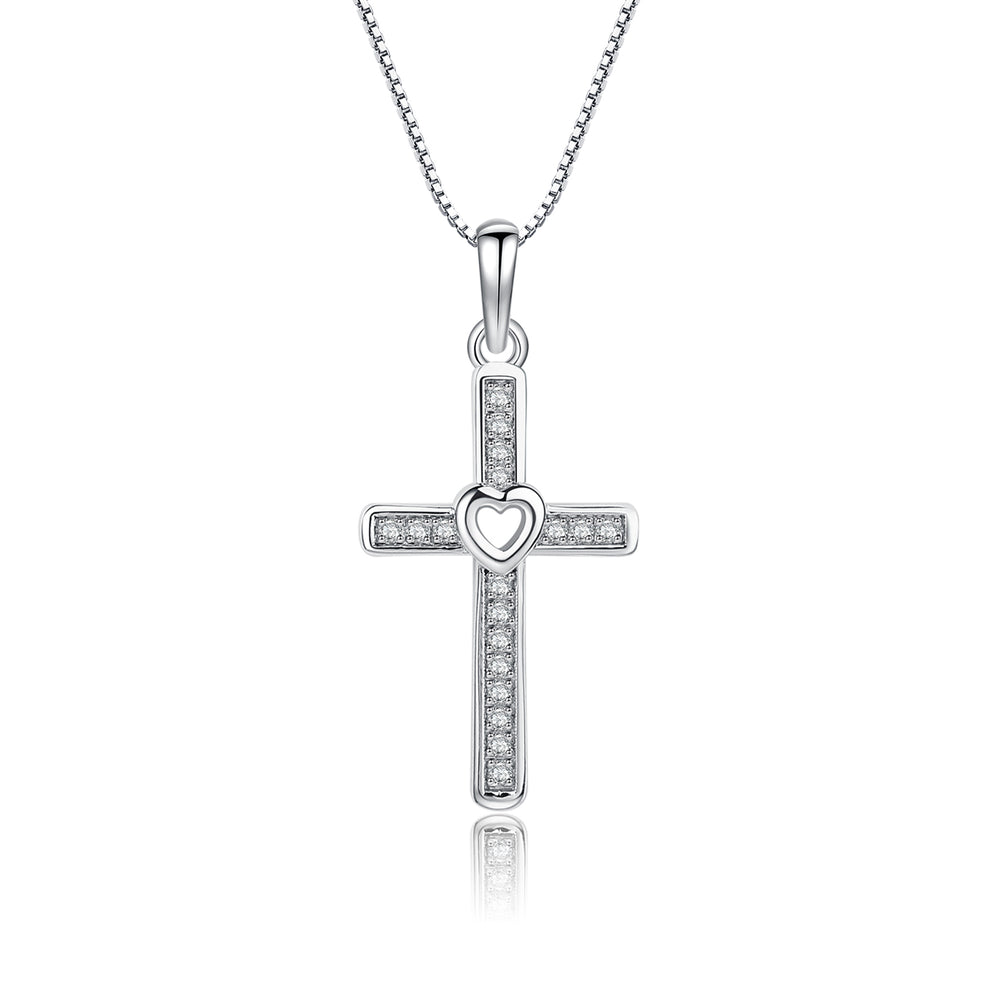 
                
                    Load image into Gallery viewer, Sterling Silver Children&amp;#39;s Cross CZ Necklace with Open Heart
                
            