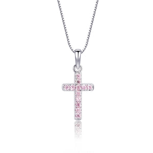 Sterling Silver Child's Pink CZ Cross Necklace