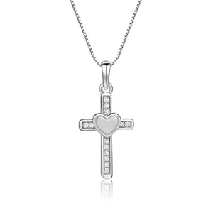 Sterling Silver Children's Cross CZ Necklace with Solid Heart