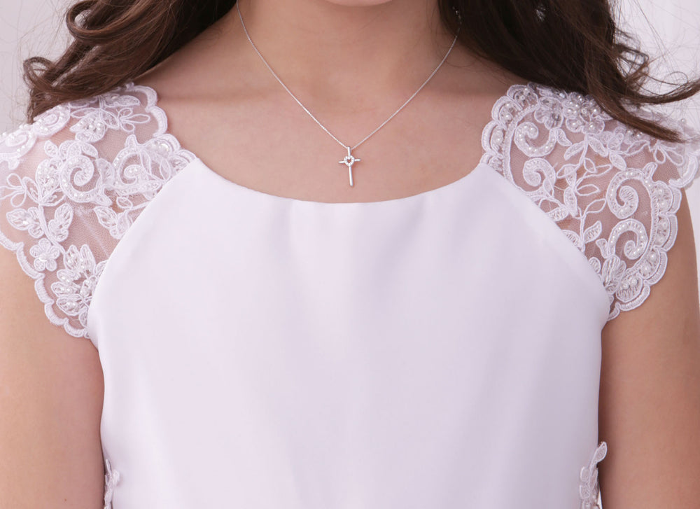 
                
                    Load image into Gallery viewer, Sterling Silver Children&amp;#39;s Cross Necklace with CZ Heart
                
            