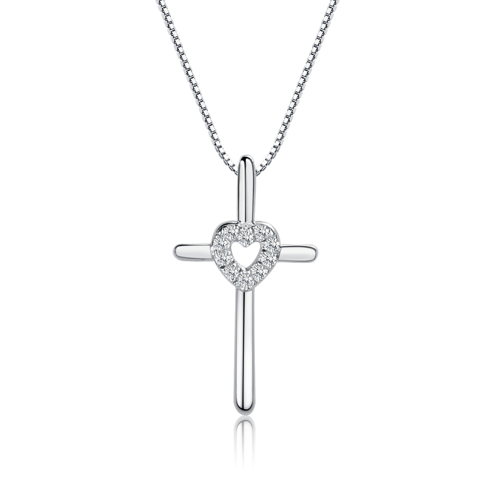 
                
                    Load image into Gallery viewer, Sterling Silver Children&amp;#39;s Cross Necklace with CZ Heart
                
            