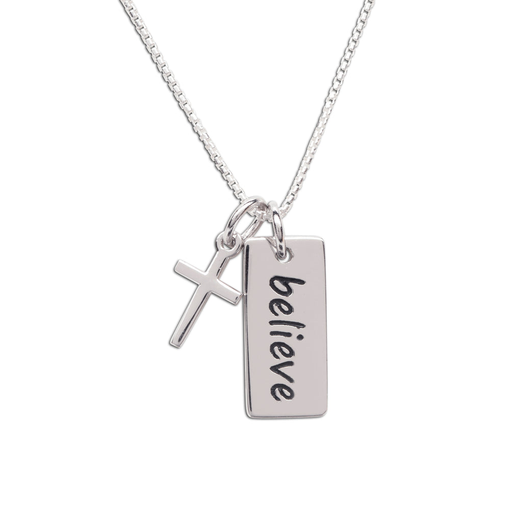 
                
                    Load image into Gallery viewer, Sterling Silver Believe Necklace for Little Girls First Communion
                
            