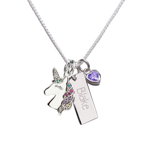 Sterling Silver Kids Unicorn Engraved Bar Necklace with Birthstone Heart