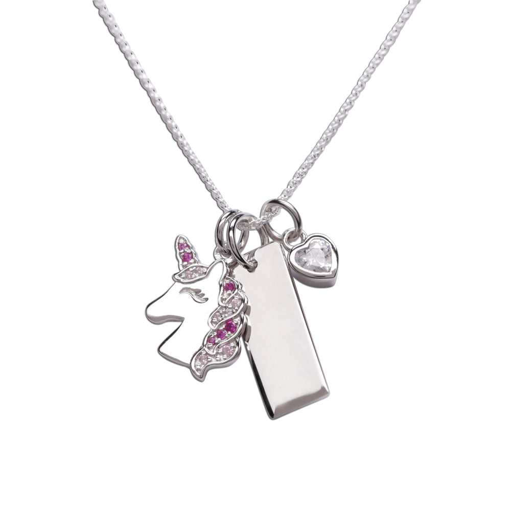 Sterling Silver Kids Unicorn Bar Necklace with Pink Heart