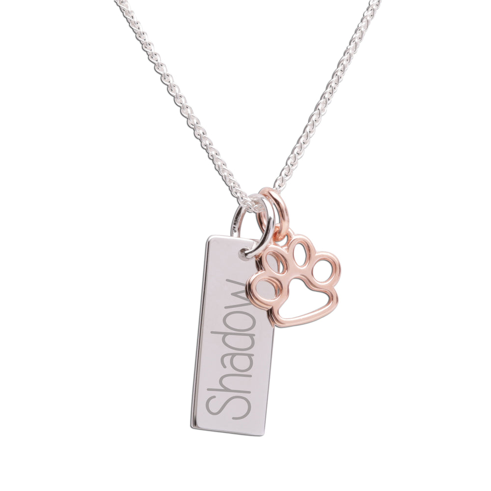 Sterling Silver Personalized Paw Bar Necklace - Silver
