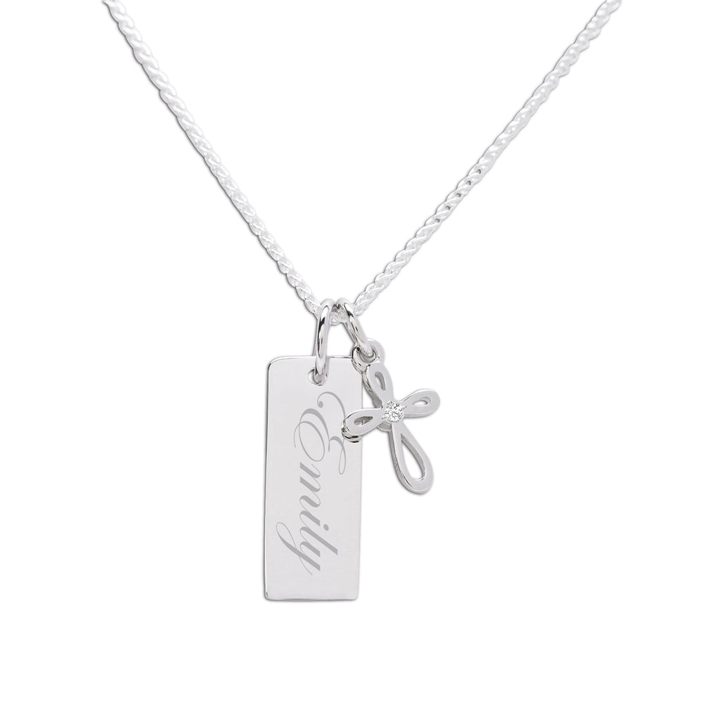 Girls Gold-Plated Bar Necklace with Cross - Engraveable