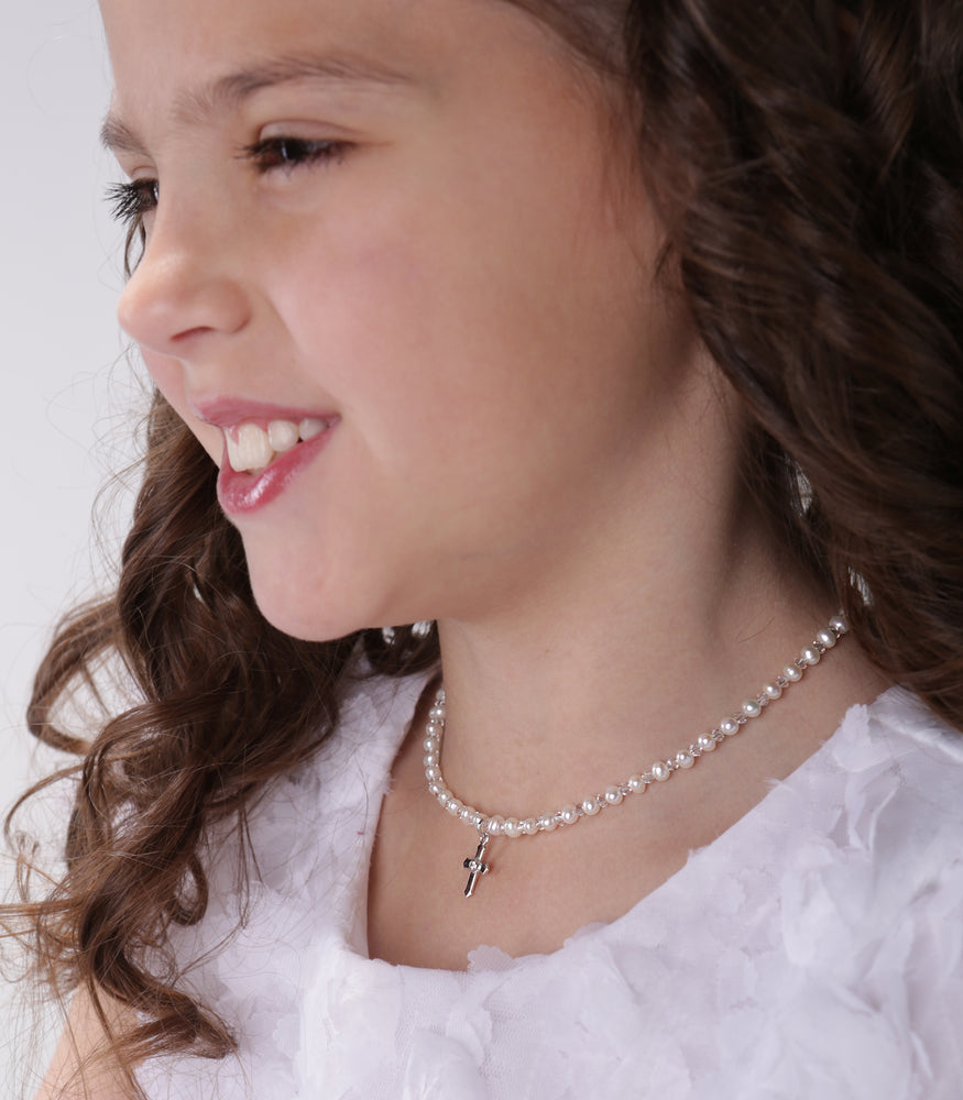 Sterling Silver White Pearl Cross Necklace for Little Girls and Kids