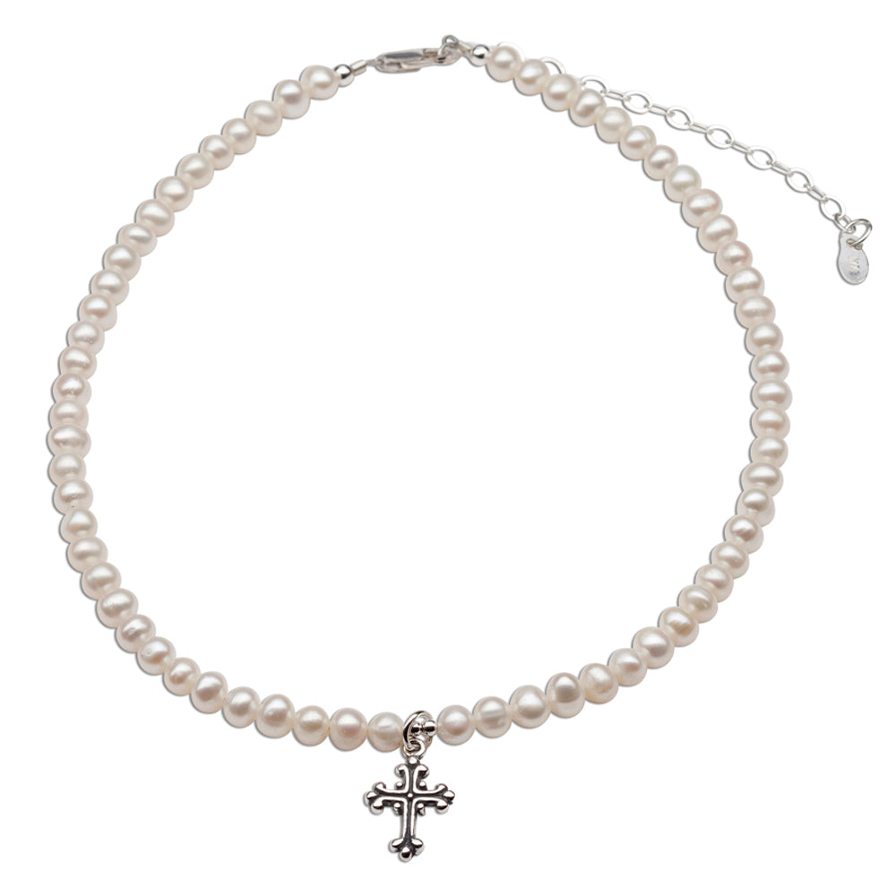 
                
                    Load image into Gallery viewer, Sterling Silver Kid&amp;#39;s Freshwater Pearl Cross Necklace
                
            