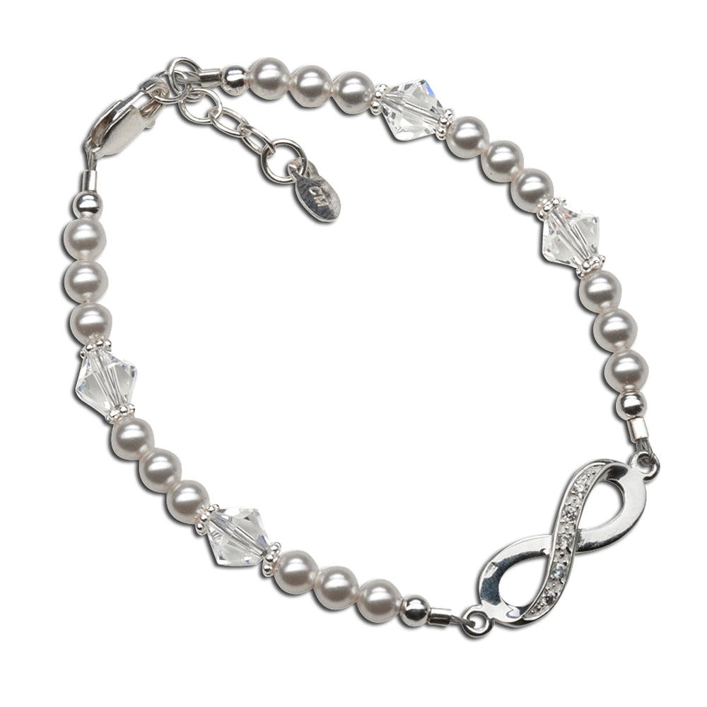 Sterling Silver LDS Baptism Infinity Bracelet with White Pearl and Crystals (6-12 years)