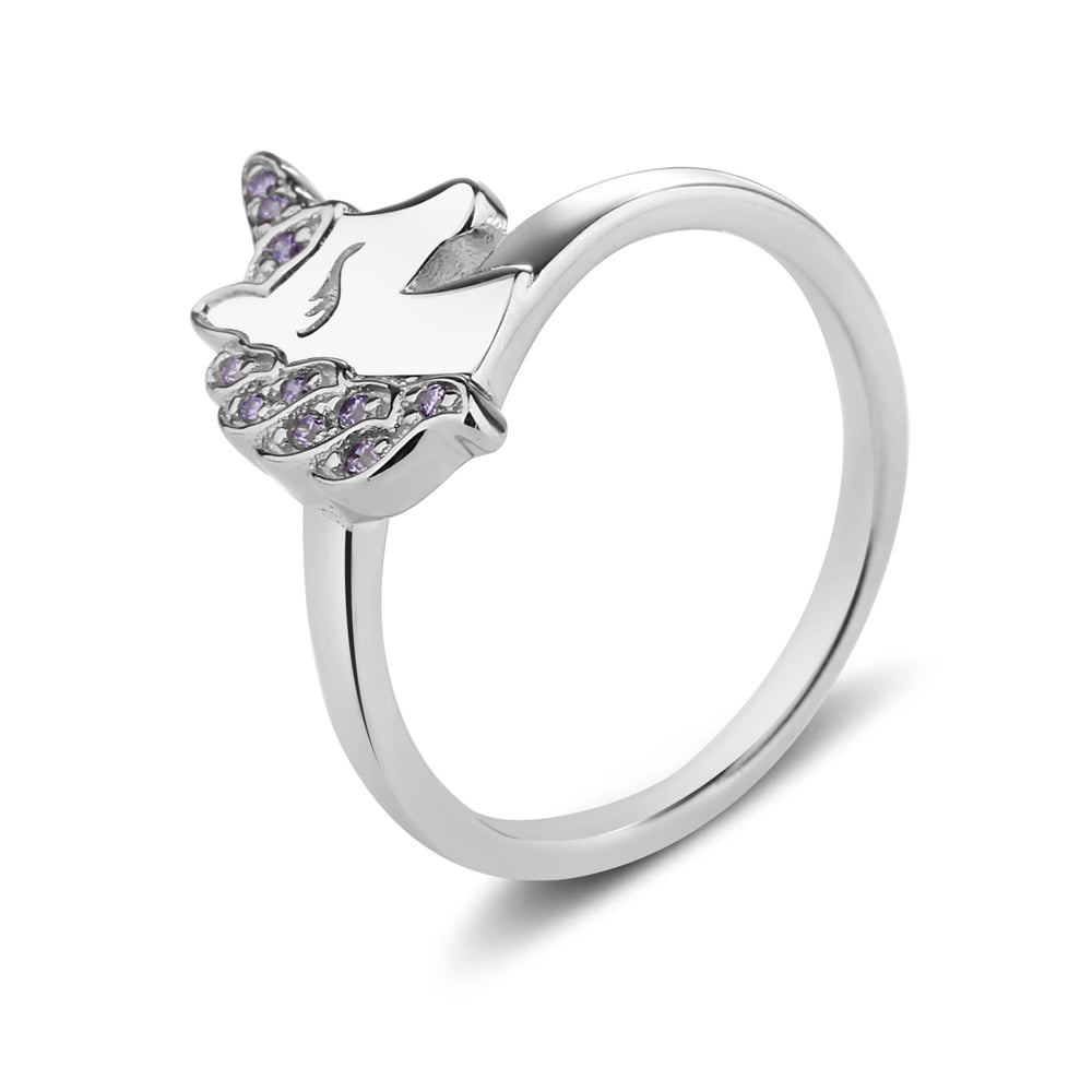 
                
                    Load image into Gallery viewer, Sterling Silver Kid&amp;#39;s Purple Unicorn Ring with CZs
                
            
