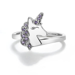 
                
                    Load image into Gallery viewer, Sterling Silver Kid&amp;#39;s Purple Unicorn Ring with CZs
                
            