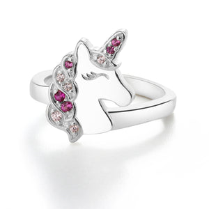 Sterling Silver Kid's Pink Unicorn Ring with CZs