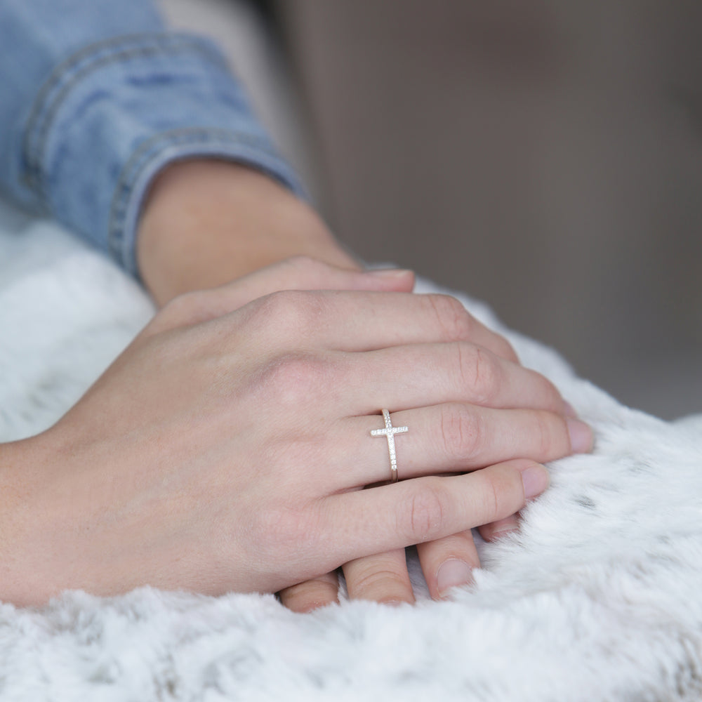 
                
                    Load image into Gallery viewer, Sterling Silver Cross Ring with CZs for Teens or Women
                
            